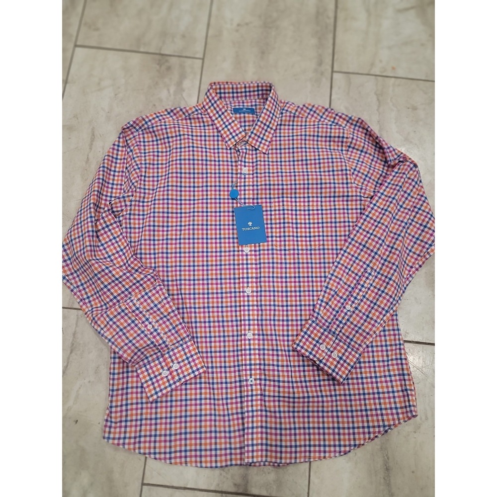 toscano mens shirt Brand New xl plaid pink, orange, blue. long sleeve.